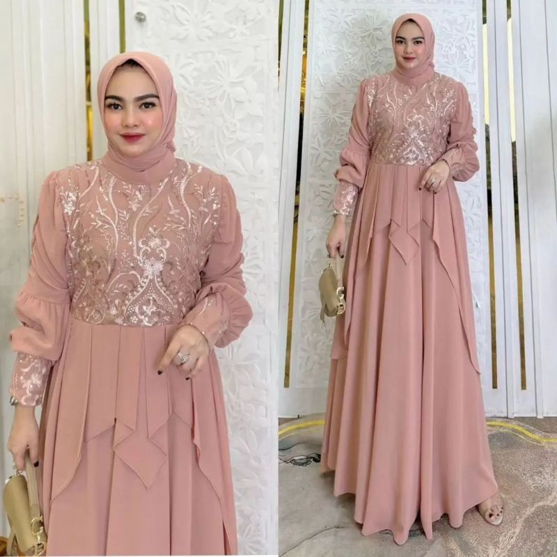 Queena gamis kondangan pesta bahan ceruty babydoll full puring aplikasi brukat dress mewah simpel wa