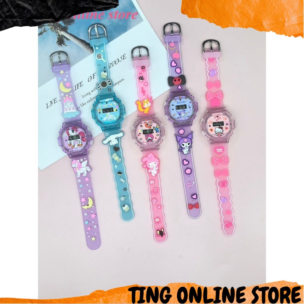 Lucu banget Jam Tangan Anak 3D Dgital LED Musik Kotak Bulat Kuromi Melody Cinamarol