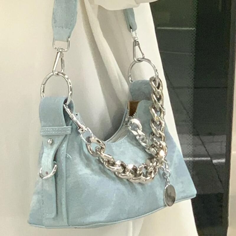 Shoulder Bags Women's New Denim Canvas Bags Korean Style Niche Design Chain Bags Small Square Bags F