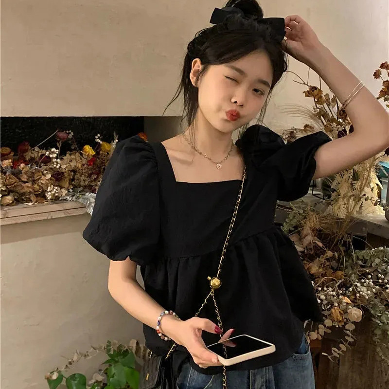 

Sweet Women T Shirt French Square Collar Puff Sleeve Chic Simple Crop Tops Summer New Fashion All Match Solid Female Blouse