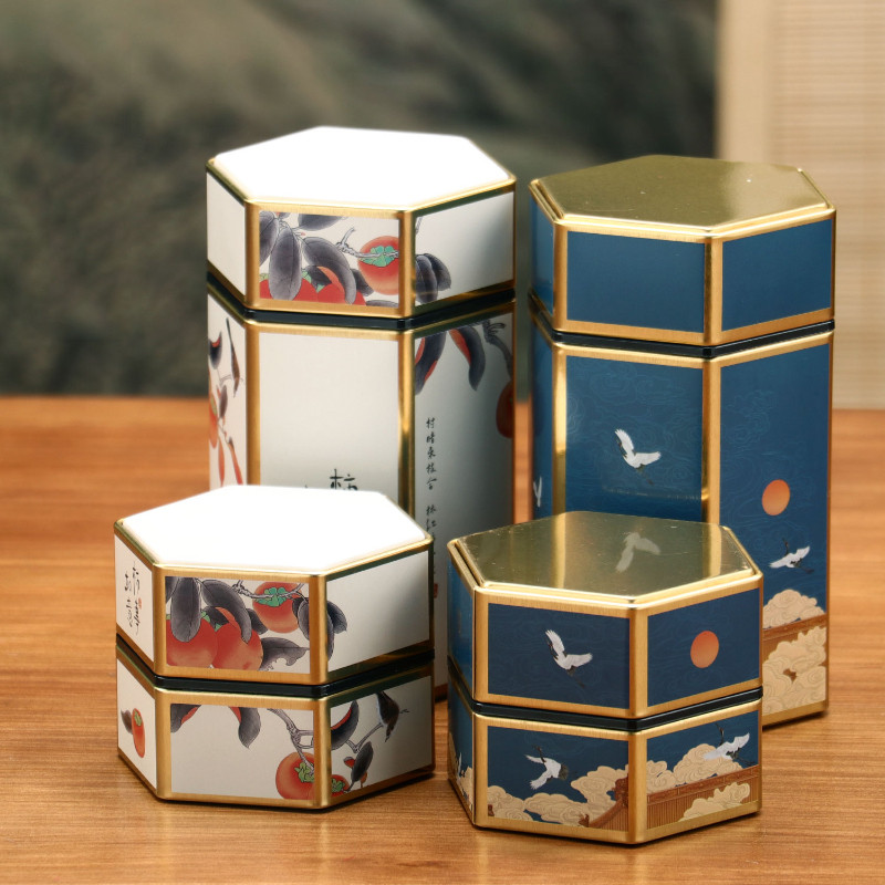 

Creative Hexagonal Tea Pot Tin Can Chinese Tinplate Tea Storage Tank Small Sealed Portable Tea Box Empty Can Tea Set Accessories