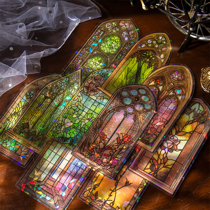 

10pcs Flower Window Stickers Laser Gilded Decor Collage Junk Journal DIY Scrapbooking Supplies Self Adhesive Creative Stickers