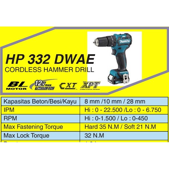MAKITA HP 332 DWAE BRUSHLESS MESIN BOR