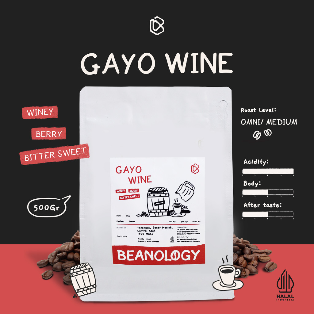 

Biji kopi bubuk Arabika Gayo Wine 500G Single Origin Grade 1 Coffee Roasted Bean -Beanology Coffee