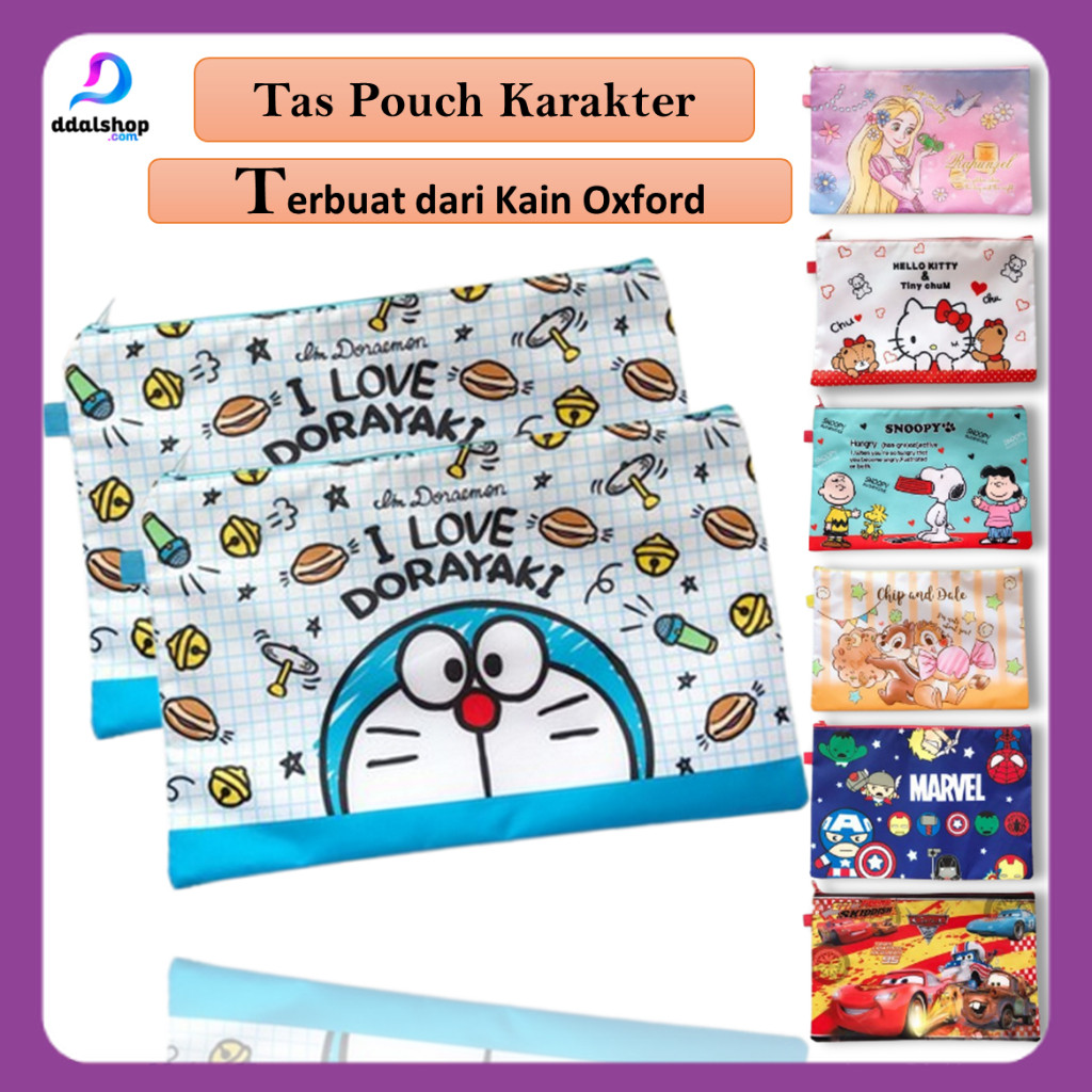 

Pouch Bag Tas Tempat Buku atk File Folder A4 Motif Karakter Kartun Doraemon Marvel Bahan Kain Oxford