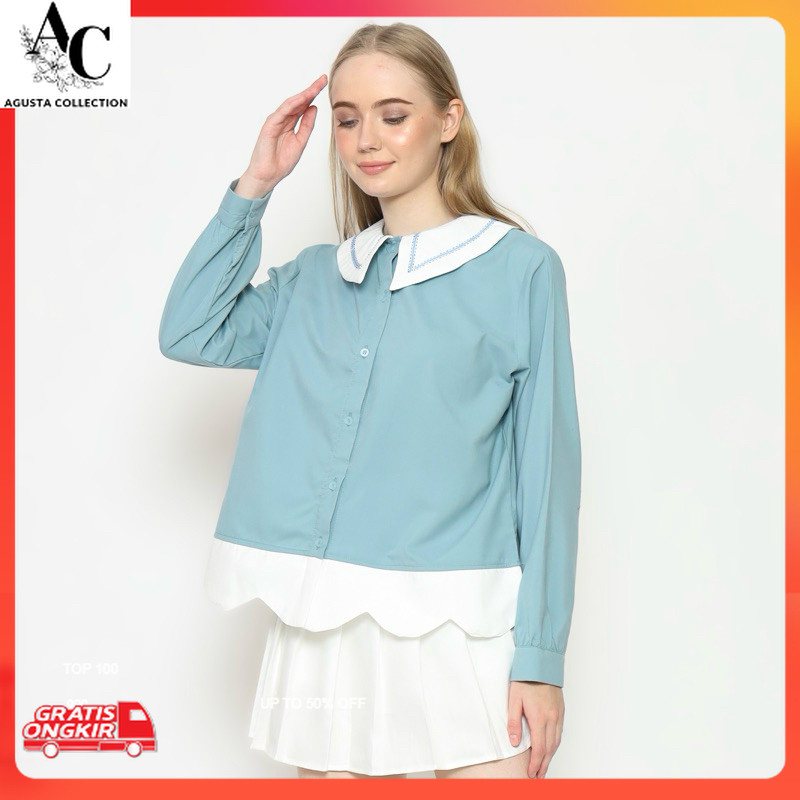 Kemeja Korea / [ Senchi ] - Yumeko Two-Tone Shirt / Kemeja Halus Wanita Dua Warna / Atasan Kemeja Wa