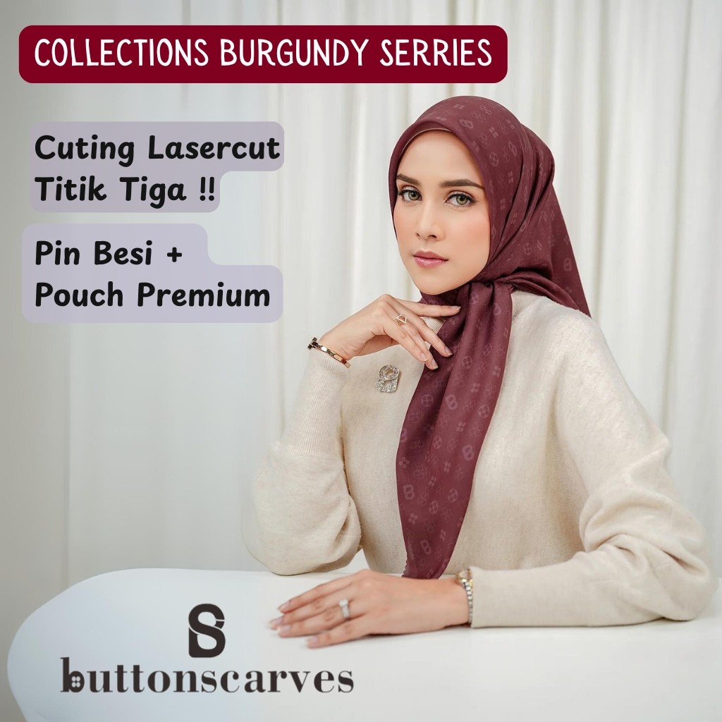 Jilbab Burgundy Buttonscarves Sale | Kerudung Segi Empat Motif Terbaru | Hijab Buttonscarves Kw