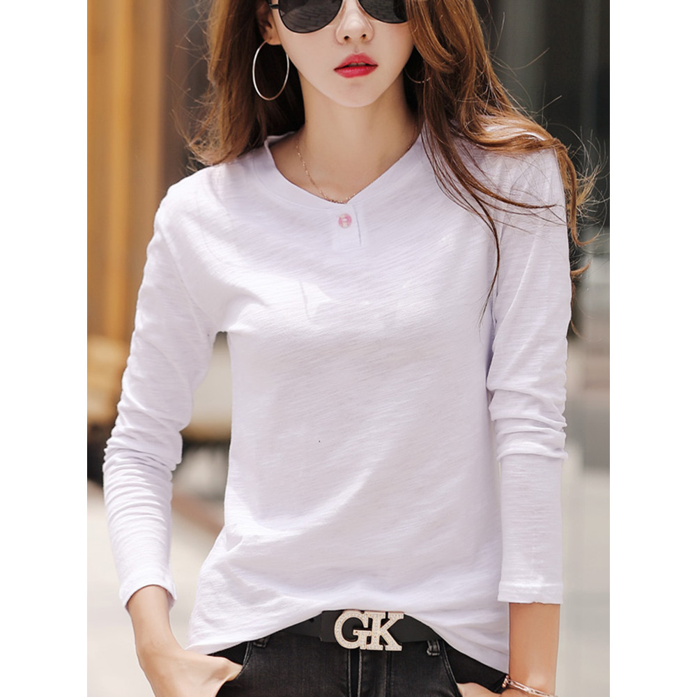 

Long Sleeve Spring Women Slub Cotton T Shirts Female Button Green V-Neck Solid Color T-shirt Coffee Korean Soft Loose Tops