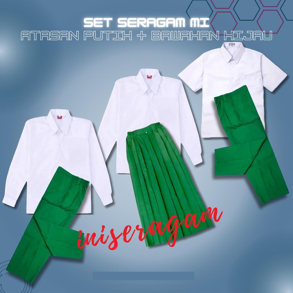 Setelan Seragam Sekolah Putih Hijau MI TK Baju Putih Polos Lengan Panjang Tangan Pendek Celana Panja