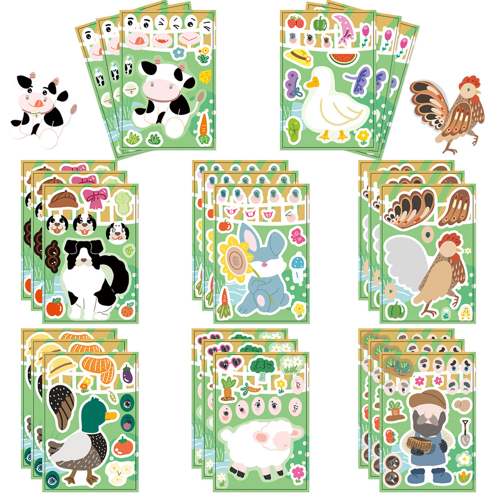 

8/16/32PCS Farm Animal Children's Puzzle Sticker Cartoon Hand Account Material Phone Case Notebook Luggage Waterproof Sticker