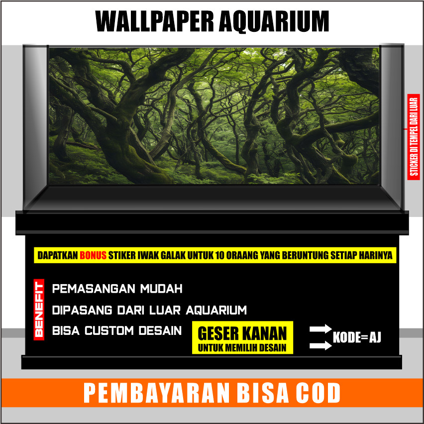 stiker background aquarium 3d timbul custome jumbo kaca akrilik besar full set akar aj
