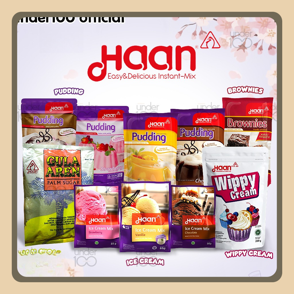 

Under100 Haan Instan Mix All Varian Pudding Pouch | Brownies | Ice Cream Mix | Wippy Cream 200g | Gula Aren | Halal BPOM
