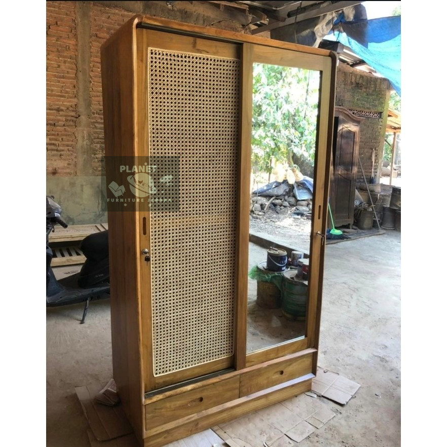 Lemari pakaian retro minimalis Kayu Jati pintu 2 Cermin - Almari Baju Kayu Jati/lemari pakaian minim