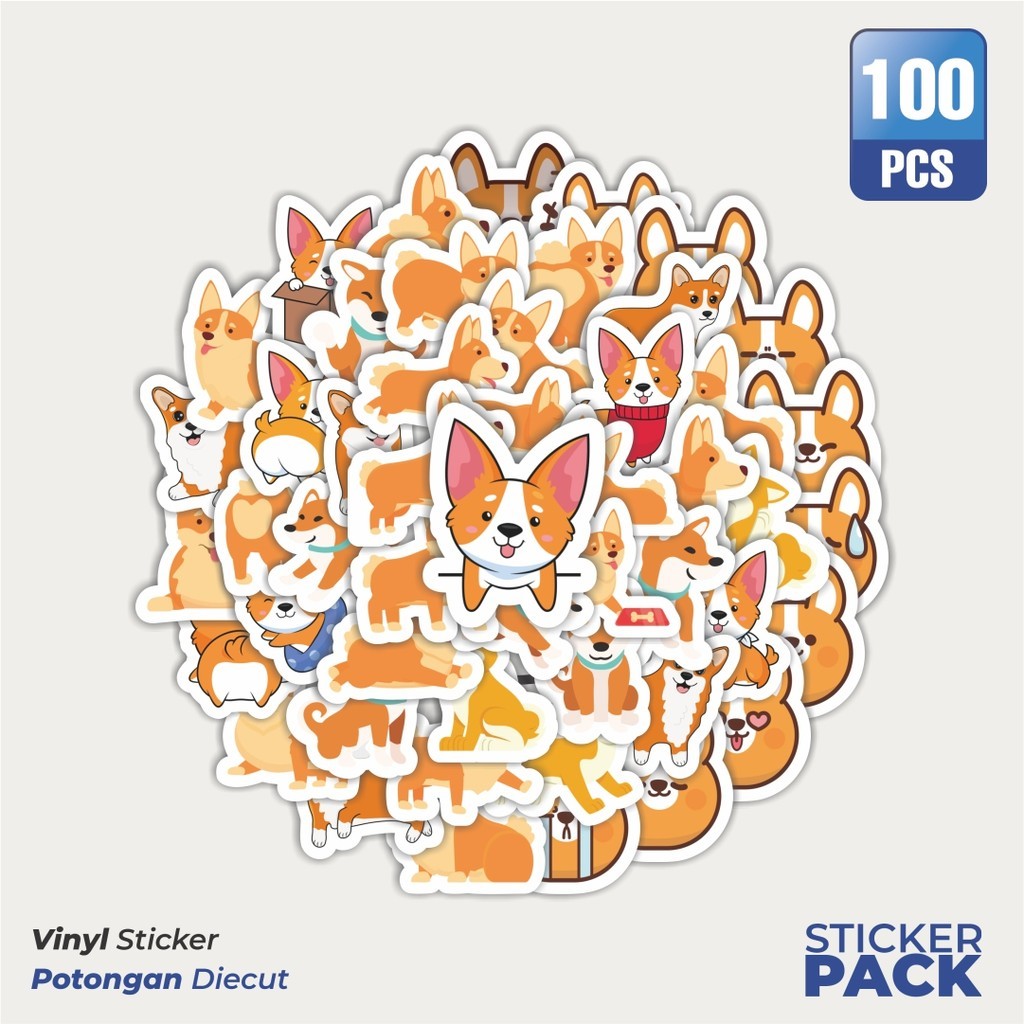 

100 PCS STIKER Kartun Corgi Waterproof Aesthetic- Untuk Laptop, Motor, dan Helm - Paper Stationery Pack