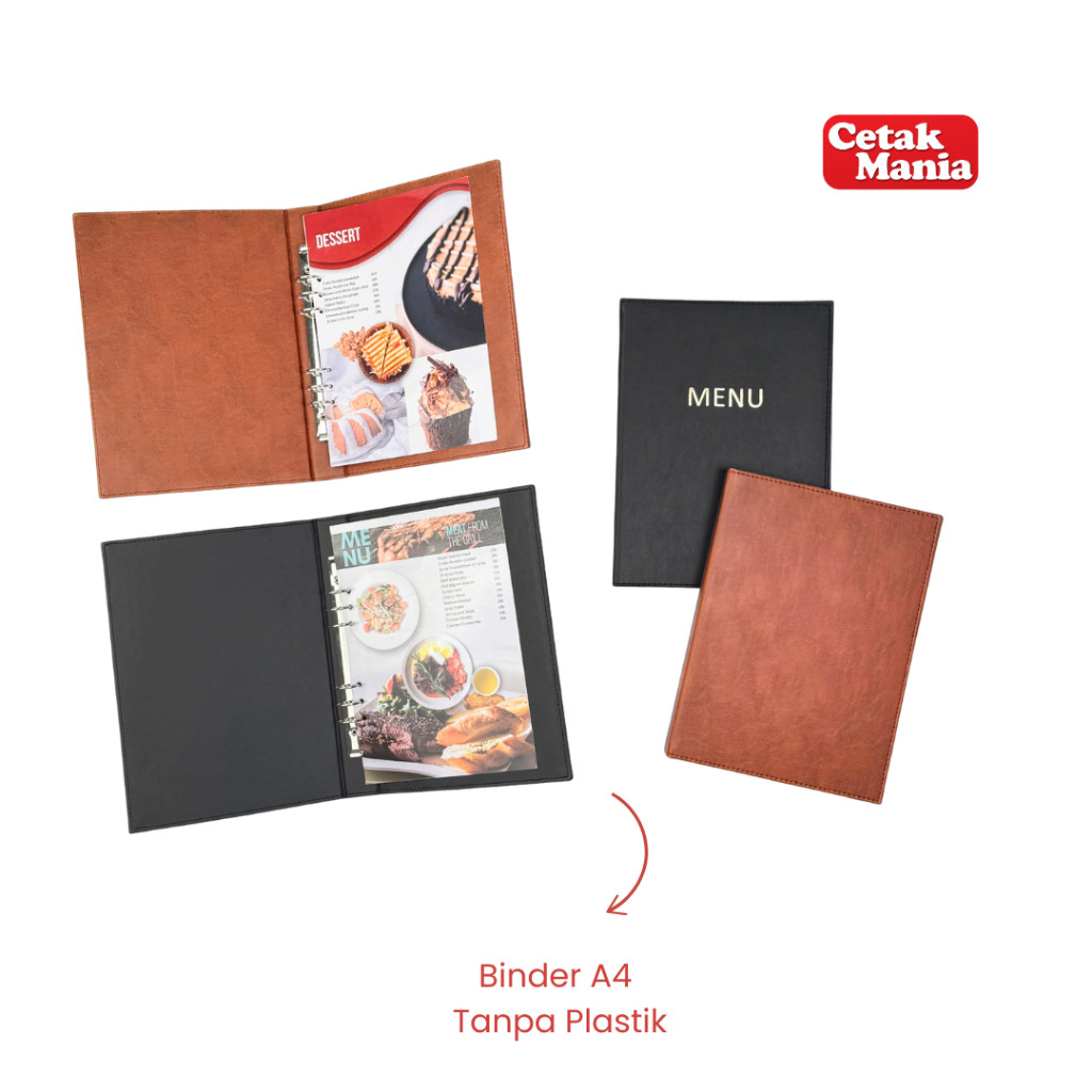 

Cetak Mania - Buku Menu Kulit A4 Ring Binder 6 Lubang (TANPA PLASTIK) Coklat dan Hitam (polos dan logo) - Cafe, Coffee Shop, Restoran, Hotel