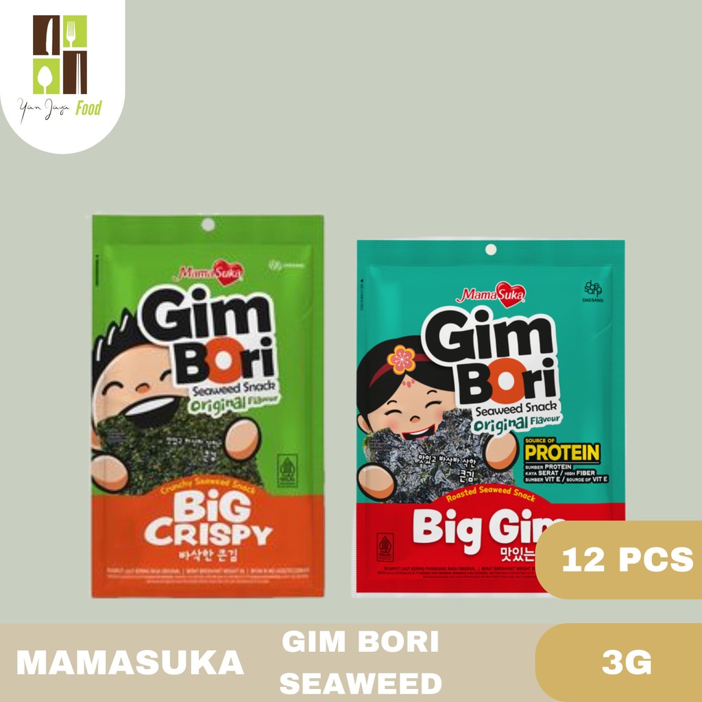 

Mamasuka Gim Bori Seaweed Snack / Rumput Laut Kering / Big Crispy Original / Big Gim Original 3g 1 Box / 12 Pcs