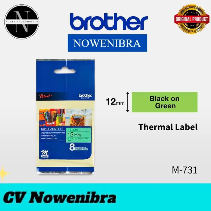 

Brother Label M-731 12MM X 8M Black On Green Non Laminated Tape M731