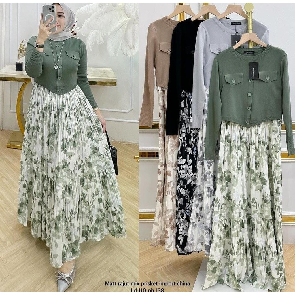 Gamis Wanita Rajut Erita – Rajut Plisket Kombinasi, Kancing Hias, Saku Depan, Lengan Panjang, Bawah 