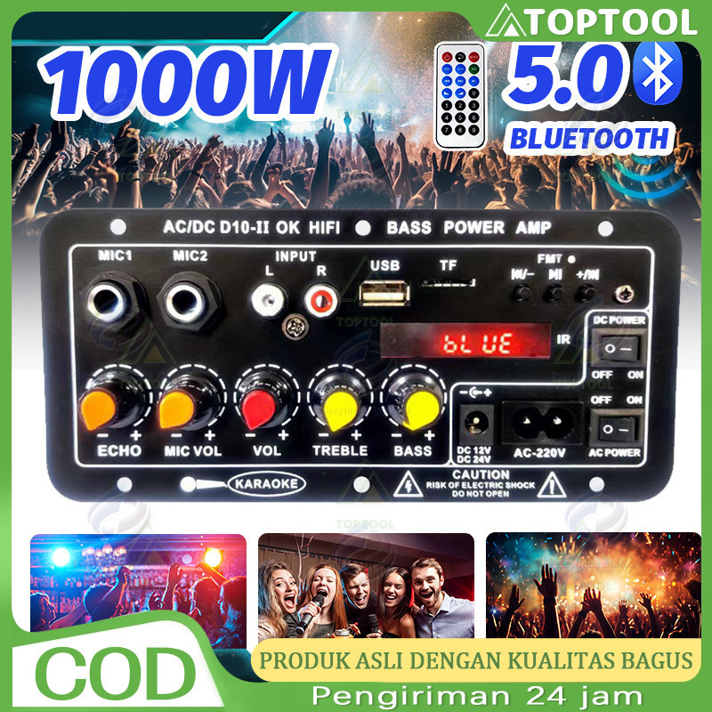 Papan Amplifier D10 1000W Tampilan Digital Bluetooth 5.0 Dual Daya AC220V DC12V-24V USB FM Karaoke S