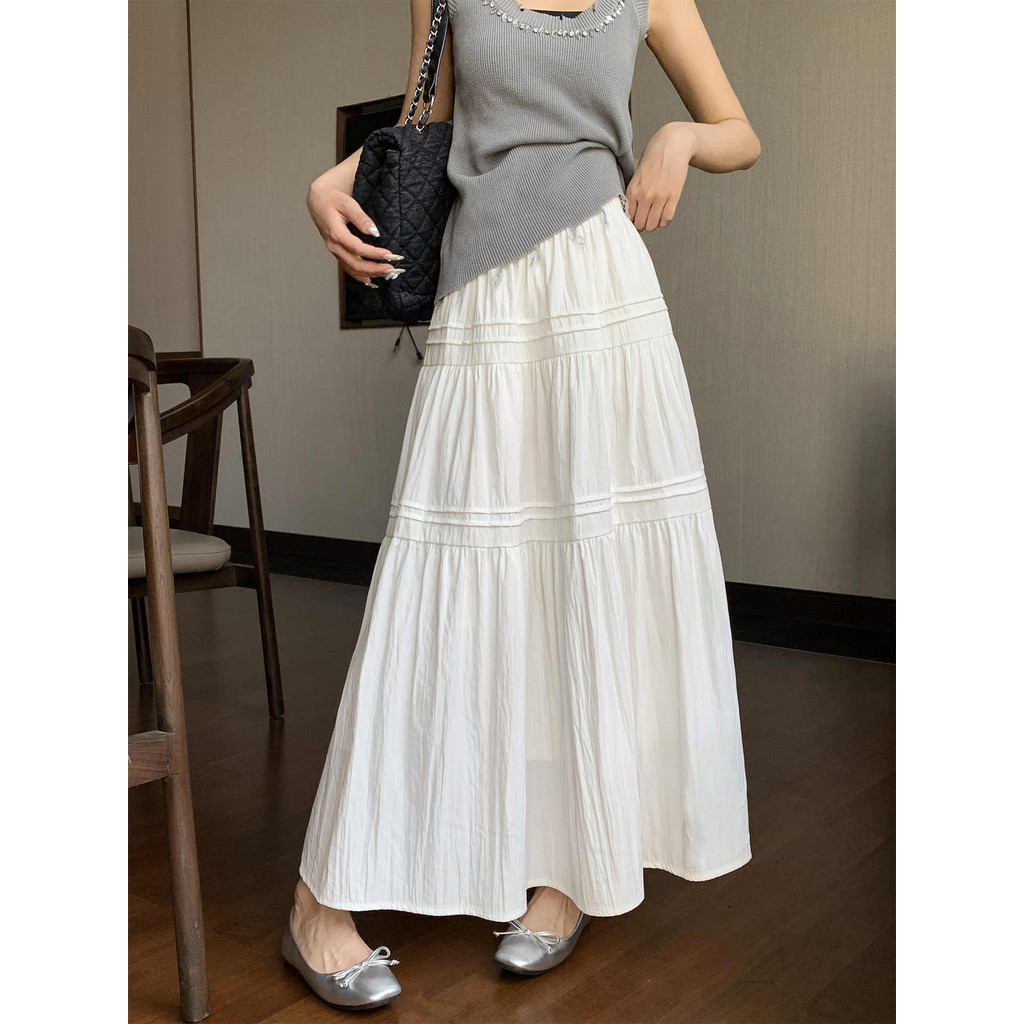 HOT SALE Qlioo Rok A-line Putih Gaya Korea Rok Panjang Pinggang Tinggi Wanita Rok Wanita Terbaru Rok
