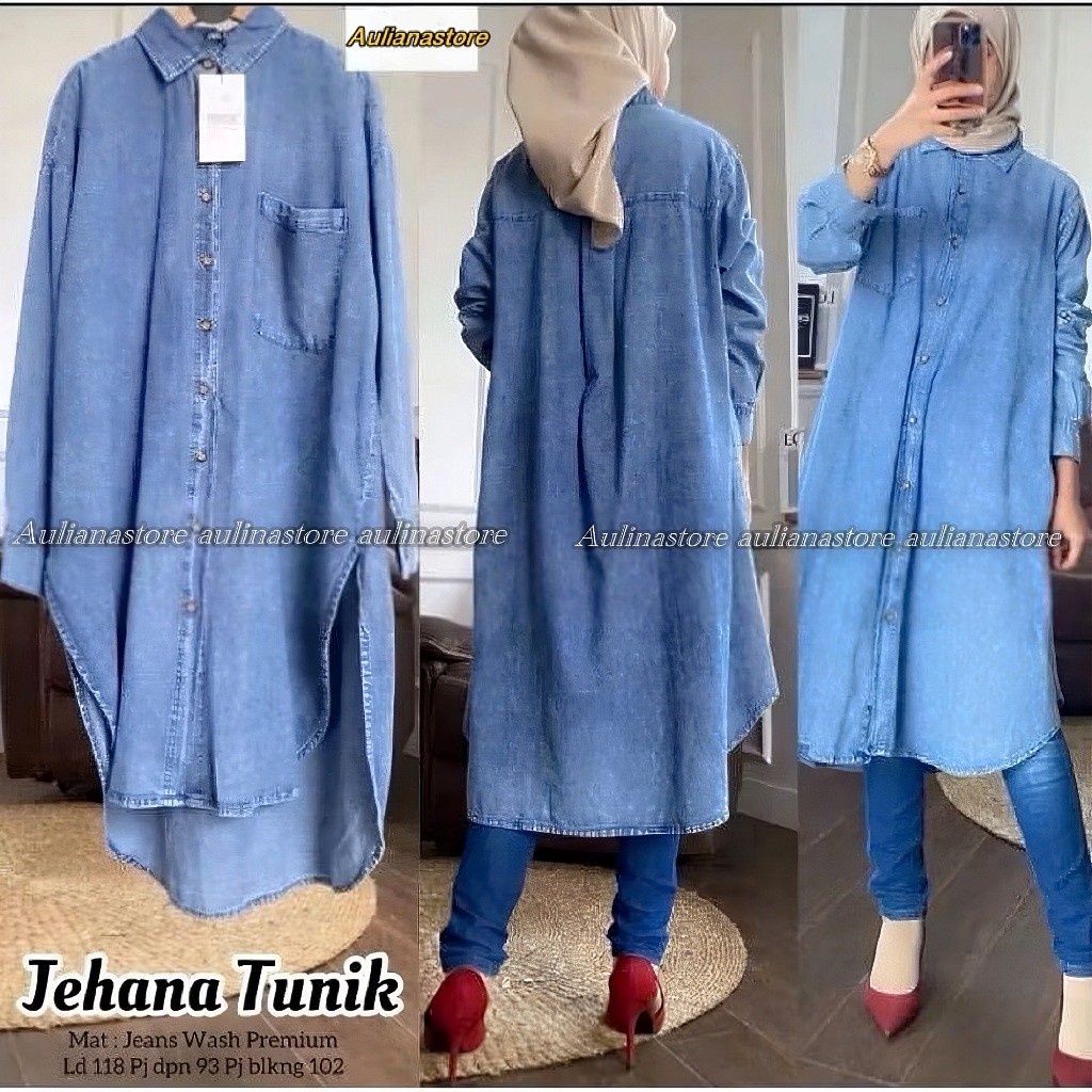 Tunik Jeans Jehana Long Tunik Denim Baju Atasan Kemeja Wanita Oversize Jumbo