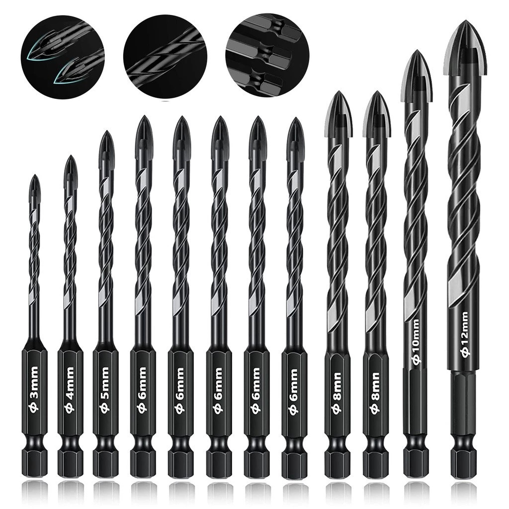 12pcs Mata Bor Cross Hex 3-12mm Mata Bor Hex Bahan Alloy Untuk Melubangi Kaca / Keramik / Beton