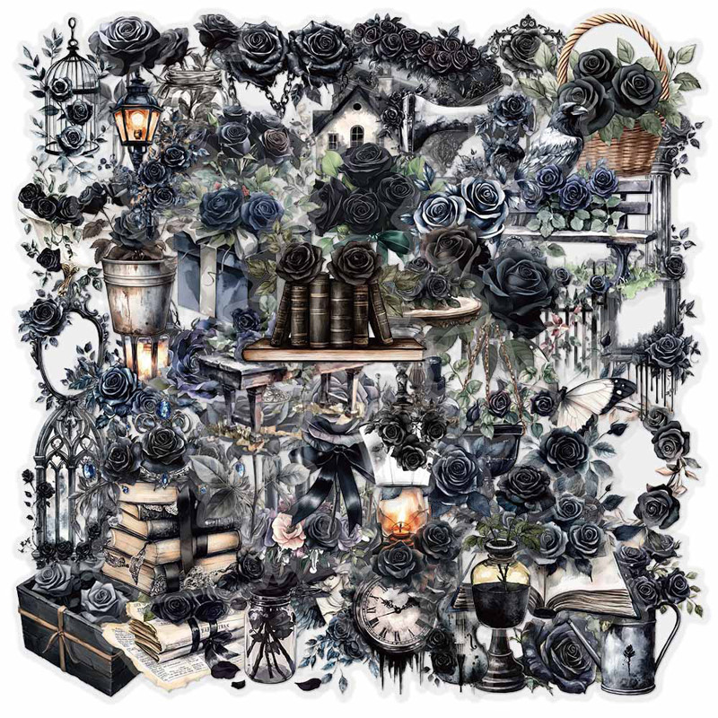 

50PCS Dark Rose Transparent PET Sticker Aesthetic Material Craft Supplies Vintage Transparent Gothic Style Black Rose Decals Toy
