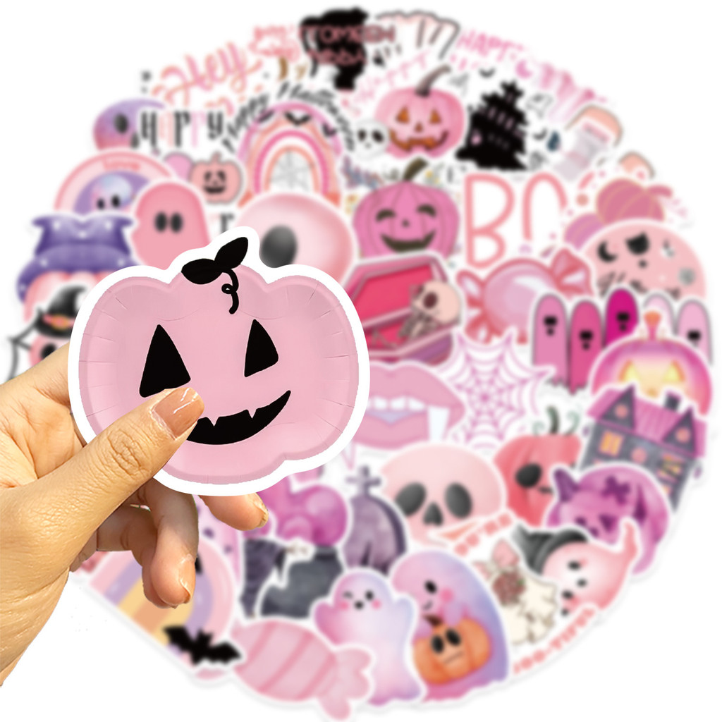 

50PCS Kawaii Pink Halloween Ghost Skull Pumpkin Stickers Notebook Guitar Skateboard Waterproof Cute Decorative Sticker Toy