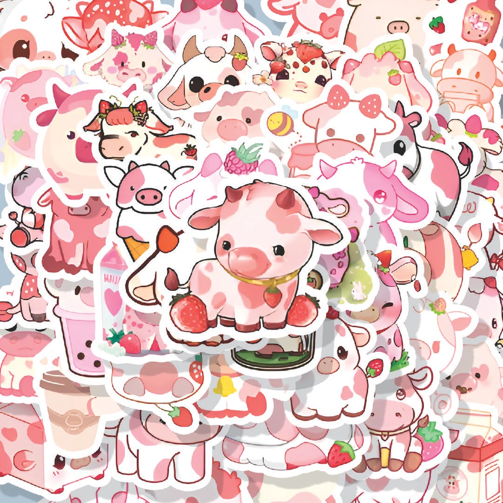 

100PCS Lucu Stiker Strawberry Cow [Sapi Strawberry] Stiker Aesthetic Stiker Anti Air Stikers Berperekat Waterproof sticker decal buat Motor Helm Buku Journal Koper Casing HP Laptop Botol Minum Hadiah anak
