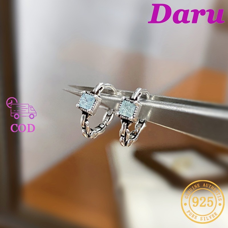 DARU Anting Hoop Berlian Persegi Asli Biru Mint Perak Vintage Wanita