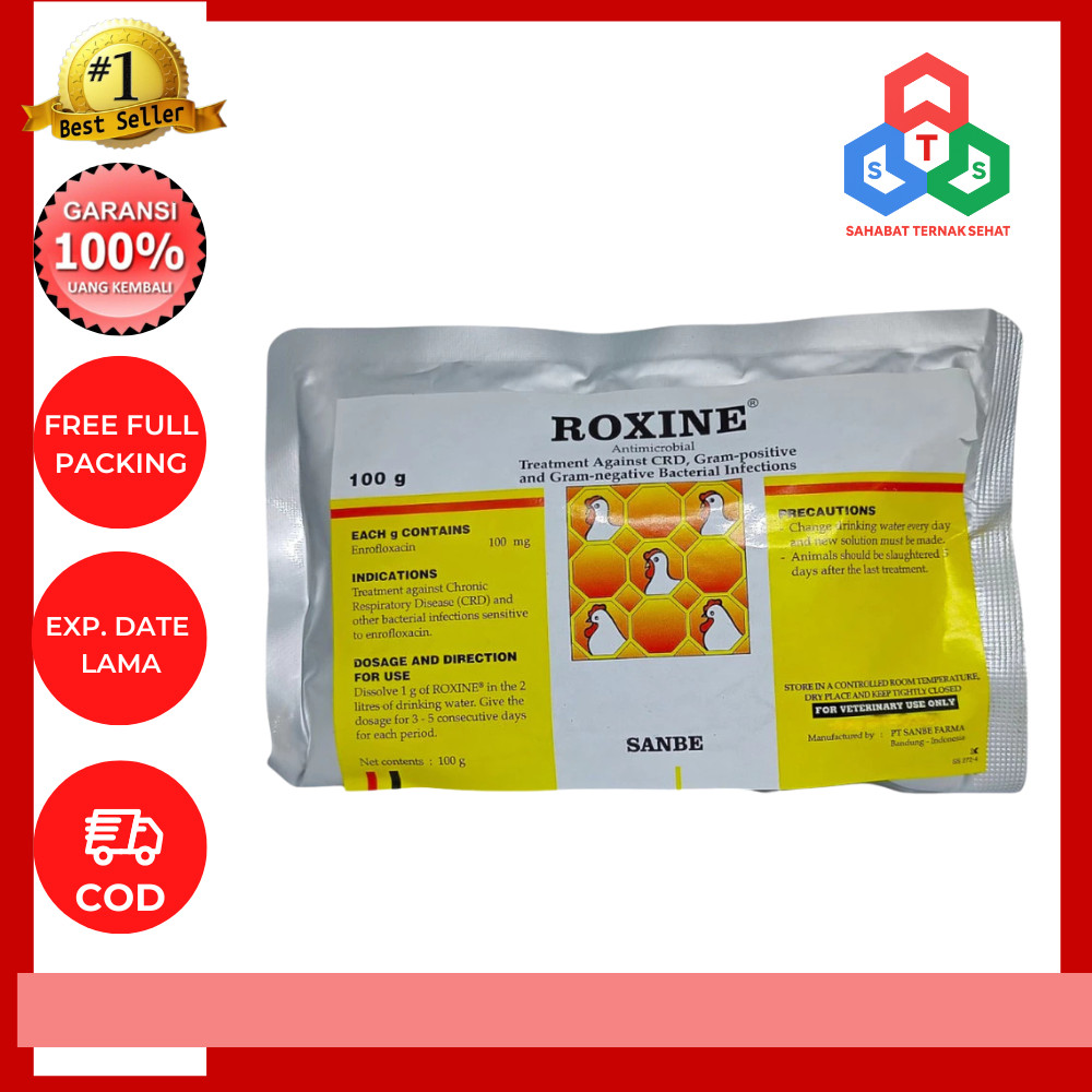 Roxine 100 gram Serbuk Antibiotik Ayam Broiler Layer CRD Collibasilosis dll PT Sanbe Farma