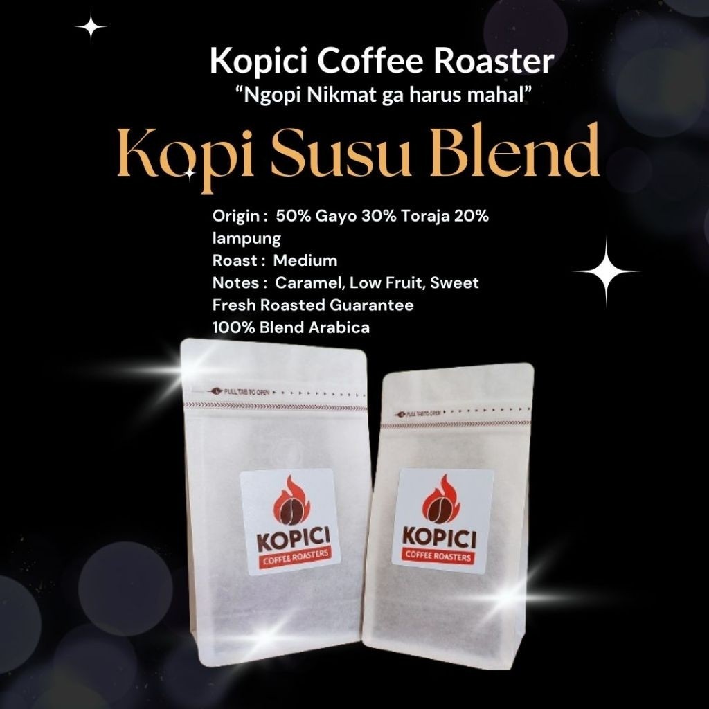 

KOPICI Kopi Susu Blend. 50% Gayo 30% Toraja 20% Lampung. House Blend. Base untuk Kopi Susu. Milk Based.