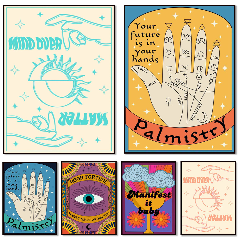 

Palmistry, vintage fortune teller print, minimalist celestial art, retro tarot style, old gypsy magic wall art decor poster