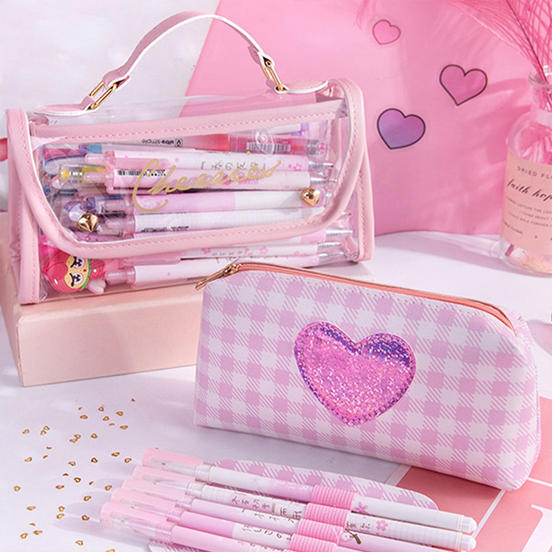 

1Pc Cute transparent pencil case bag Attached inner bag, large capacity stationery bag holder, student stationery bag