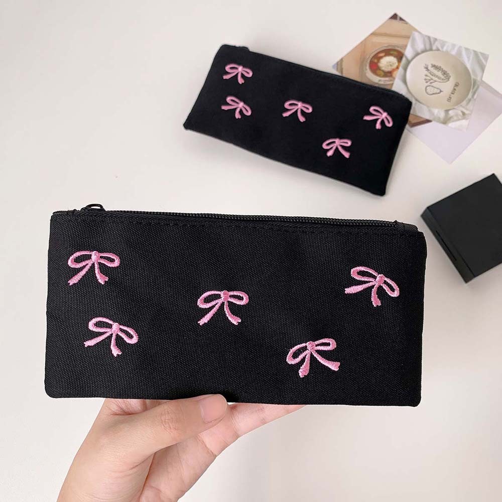 

Korean Ins Style Embroidery Pink Bowknot Cosmetic Bag Pencil Cases Girl Stationery Holder Pen Bag School Students Supplies