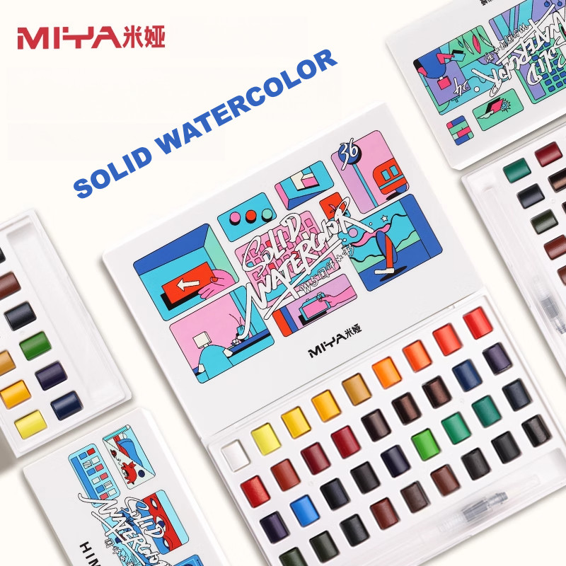 

MIYA Solid Watercolor Paint Set 24/36 Colors Portable Small Box with Color Card Brush Pen for Student Beginner Art Supplies