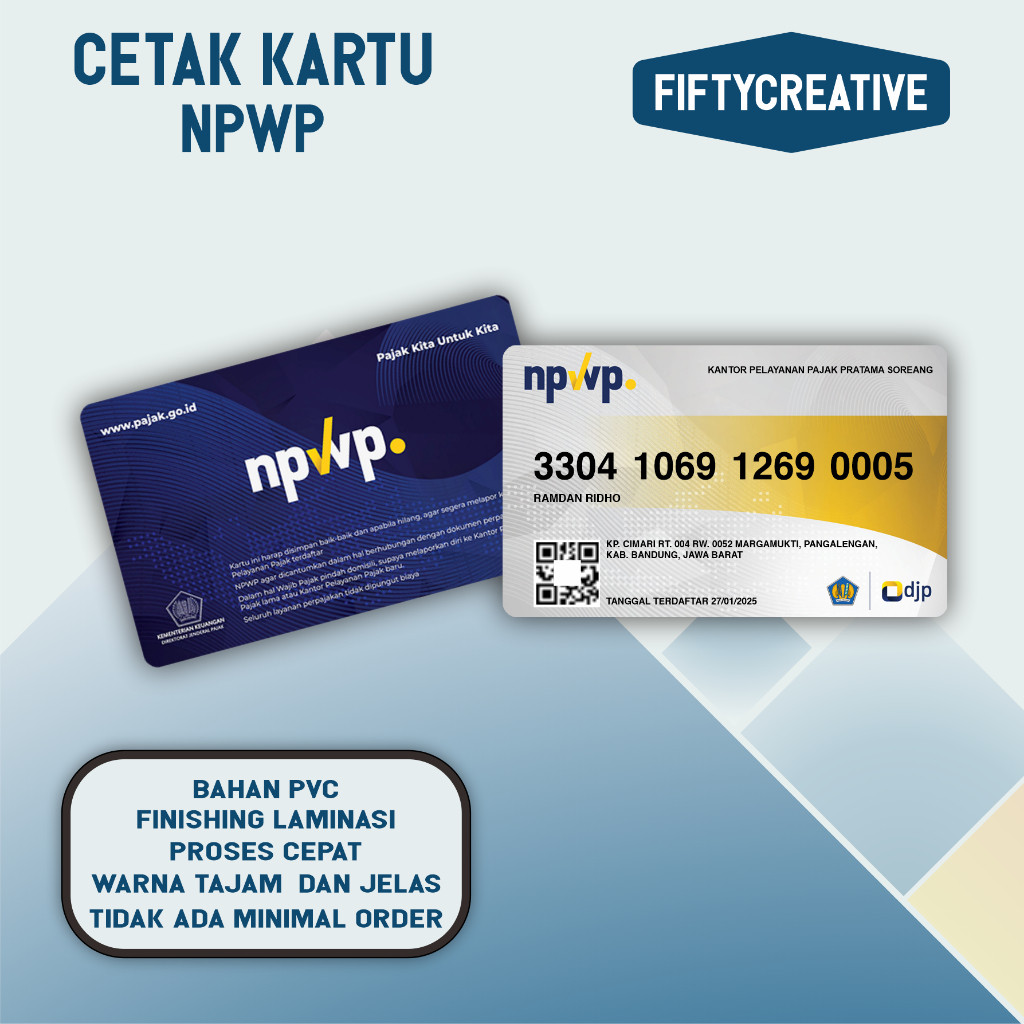 

Cetak kartu NPWP Bahan PVC Tebal, Laminasi Tahan Gores dan Tahan Air