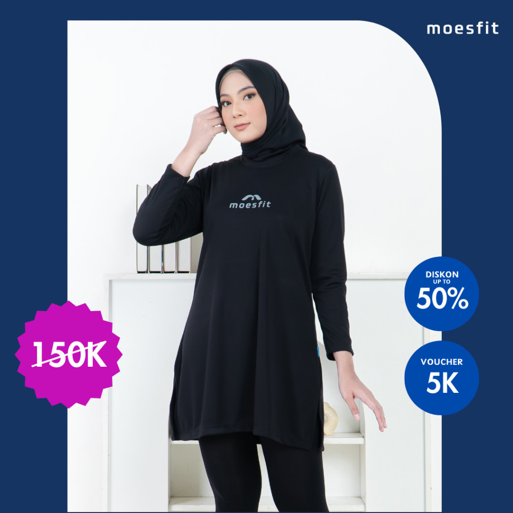 morzazani - Baju Olahraga Tunik Atasan Sport Wanita Muslimah Hitam Dry Fit