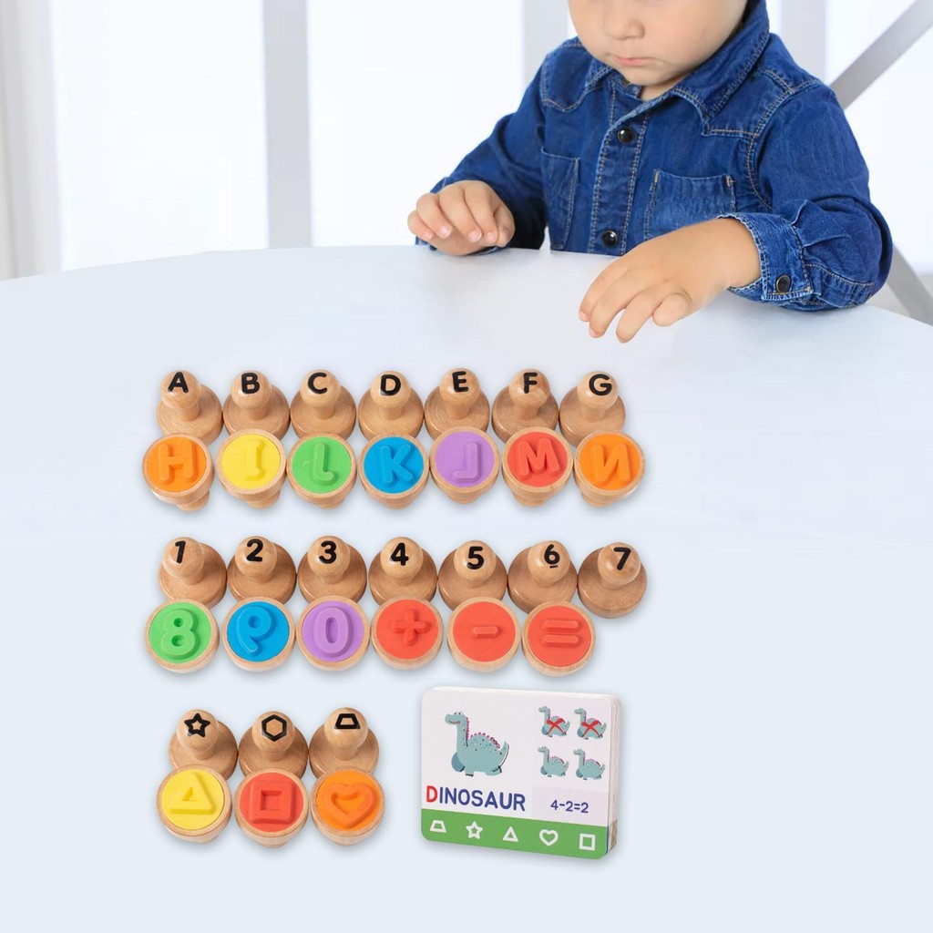 

Wooden Alphabet Number Stamp Educational Learning Toy for Kids Toddlers