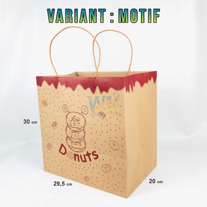 

TERBARU!! (isi 12pcs) Paper Bag Donat Kraft / Kantong Donat Kraft / Tas Kertas UK 29,5x20x30 / Paper Bag Coklat - MOTIF
