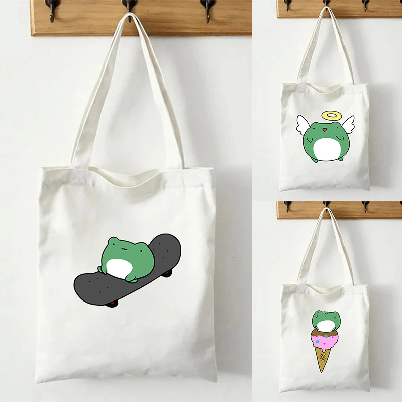 Cute Skateboard Frog Printed Canvas Tote Bag Organizer New Reusable Shopping Bag Handbag Portable Tr