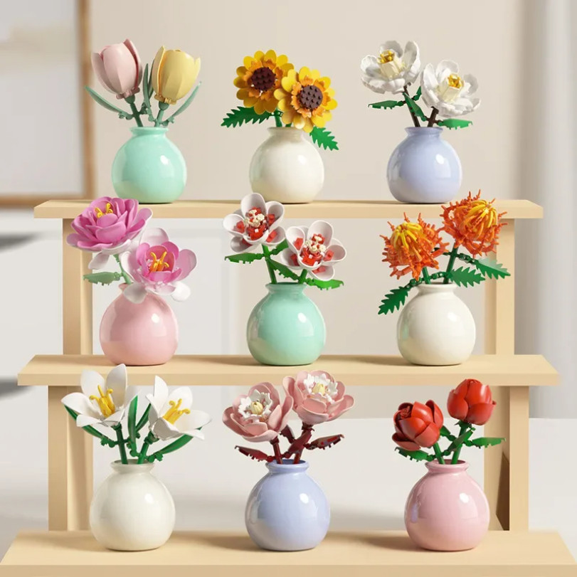 Building Block Pot Plant Bouquet Of Flowers, Roses, Lily Building Blocks, Toys With Flower Pots, Cute Living Room Ornaments Gift