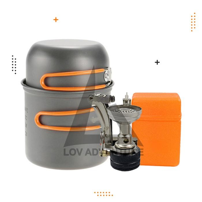 saleLOV Cooking Set Camping DS-101 + Kepala Kompor Gas Lipat Mini Ultralight - orangeterlaris