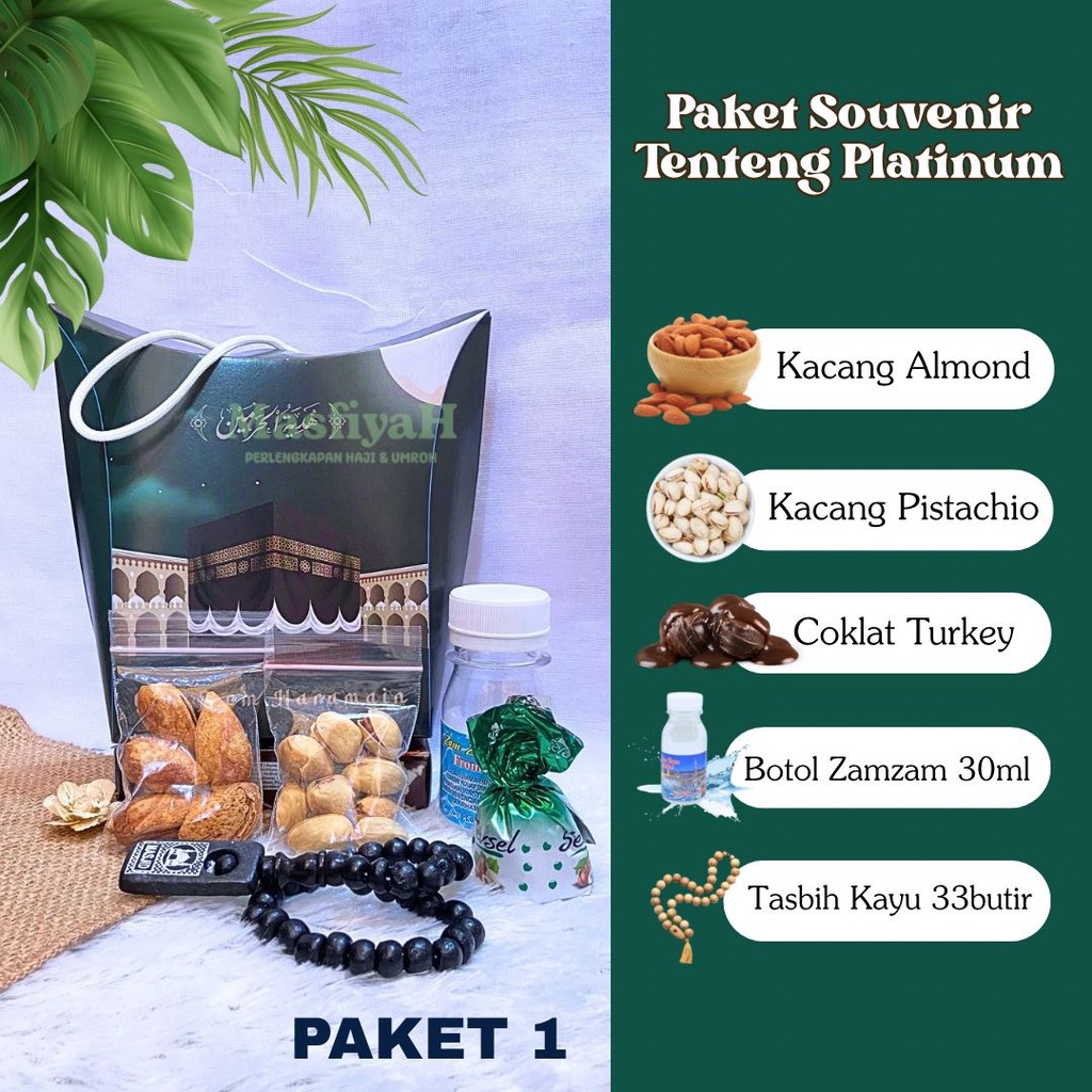 

PAKET SOUVENIR TENTENG PLATINUM OLEH-OLEH HAJI & UMROH Kemasan Tenteng Isi Air Zam-zam 30 ml Kurma,Almond,Kismis,Kacang Pistachio,Tasbih Kayu 33