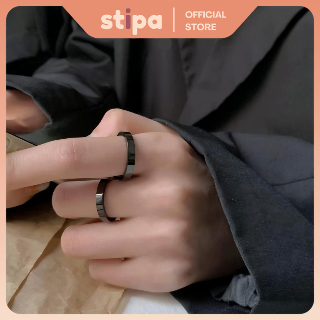 STIPA Cincin Titanium Kotak Hitam Casual Unisex Fashion Ring Accessories Pria Wanita BLVR