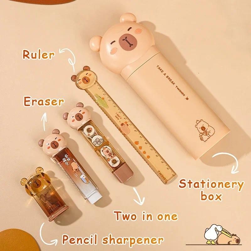 

5Pcs Capybara Stationery Assortment Set Pencil Case Ruler Eraser Correction Tape Pencil Sharpener Set Student Gifts