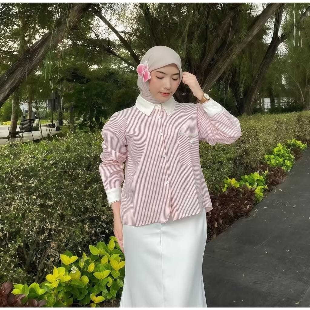 GTW - RER KEMEJA MARENA STRIPE MUNGIL PITA LENGAN PANJANG WANITA KERAH KOMBINASI / Atasan Wanita LUL