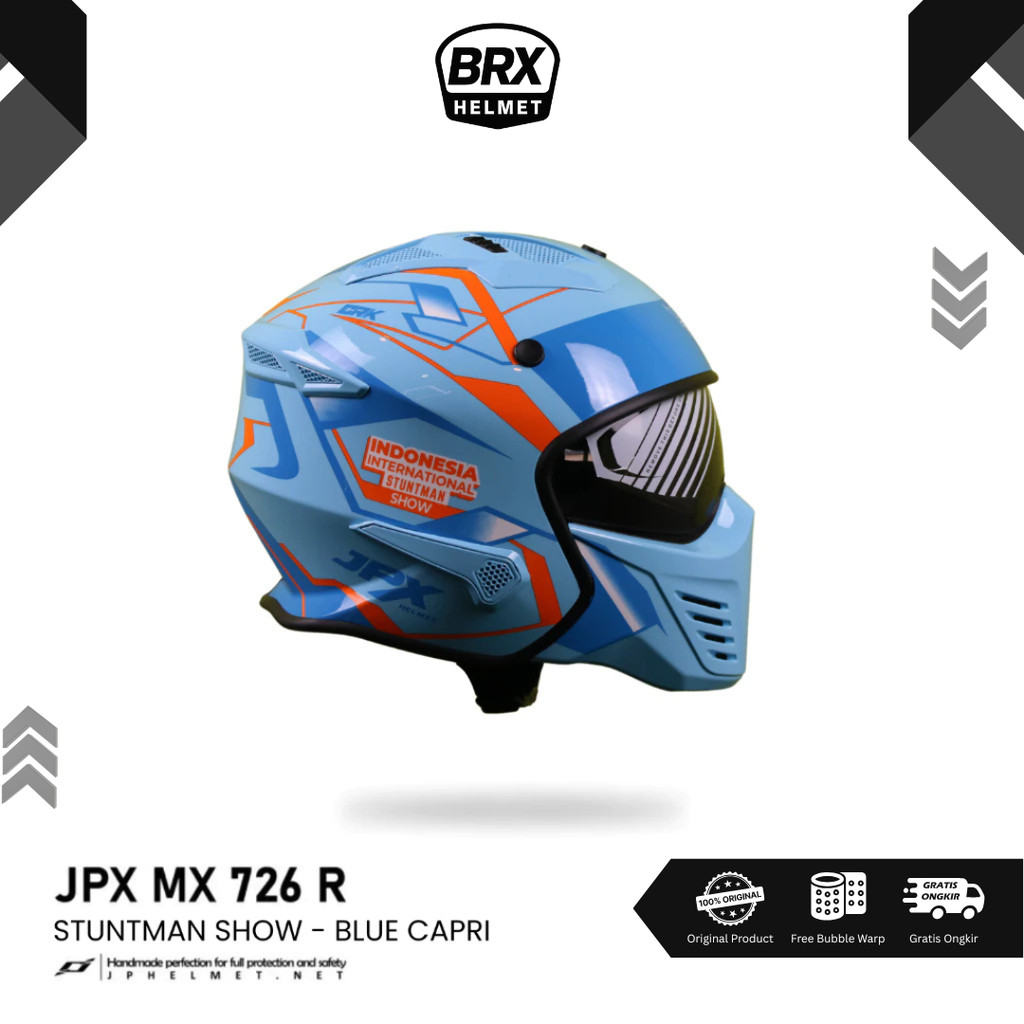 Helm JPX Full Face MX-726 Stuntman Show - Blue Capri Original SNI ECE Modular Full Face Pria BRX