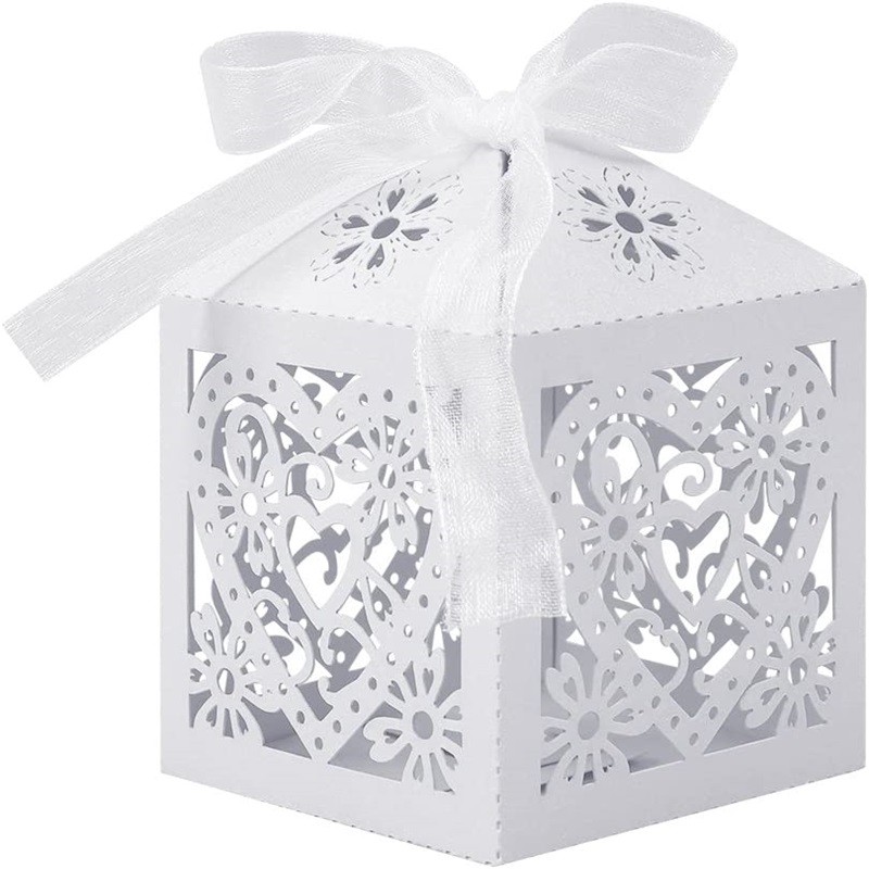 

10/50pcs Beautiful white Love Heart Laser Cut Wedding Candy Gift Box for Wedding Favor Birthday Party Bridal Shower with Ribbon
