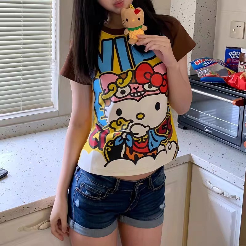 

Sanrio Hello Kitty Cartoon Printed New Anime Fashion Short Tops Y2k Summer Cute Tees High Street Gothic Short Sleeve T-shirts